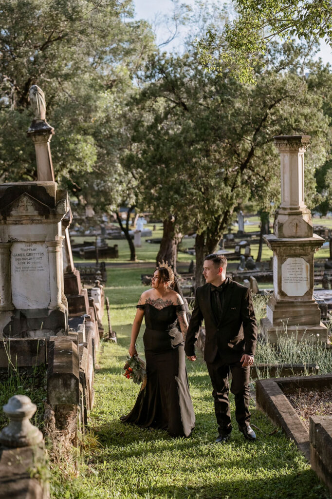 black gothic graveyard wedding elopement